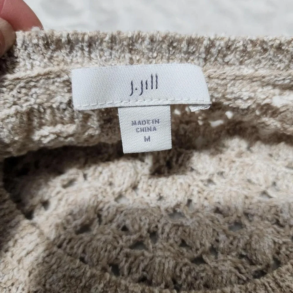 J Jill Top Women's Sz M Open Knit Crochet Tunic Boho 3/4 Bell Sleeve Granola